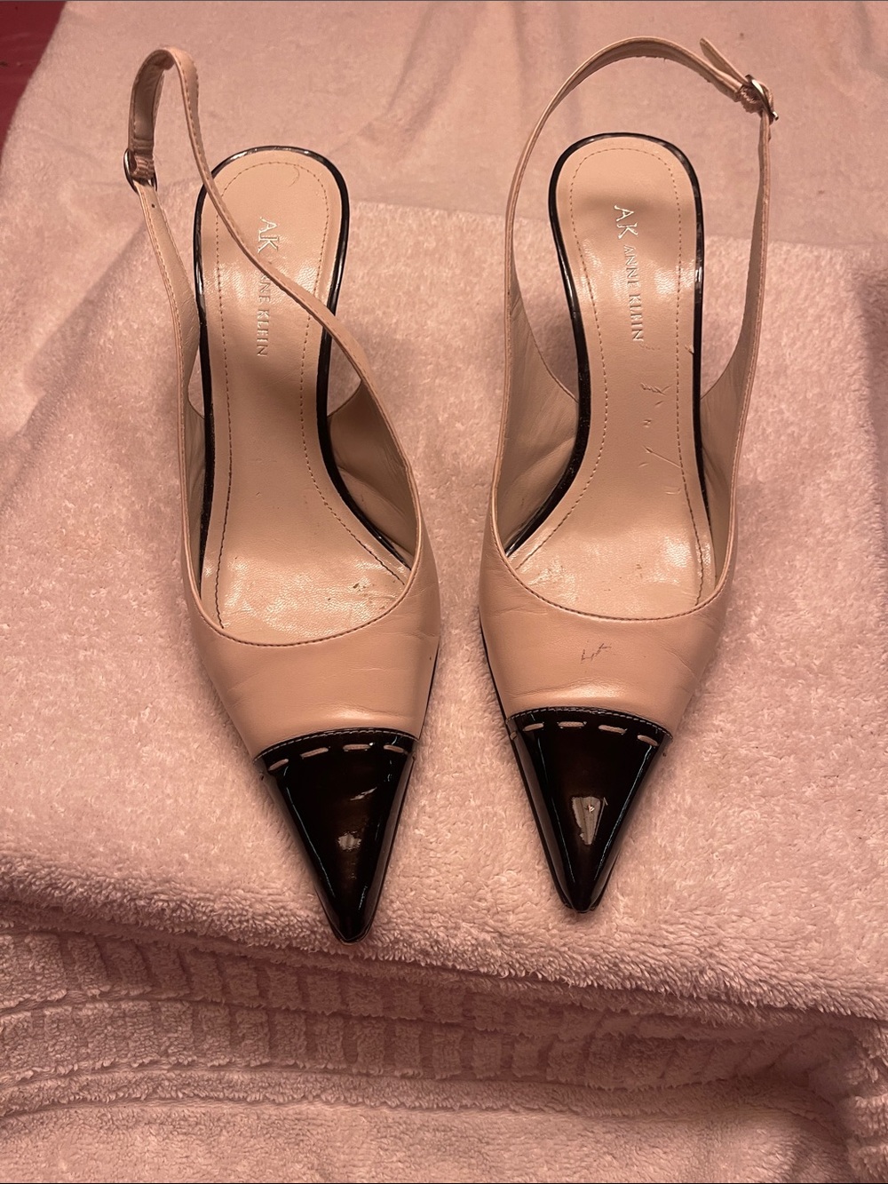 Anne Klein Two-Tone Nude and Black Pointed Slingback Heels